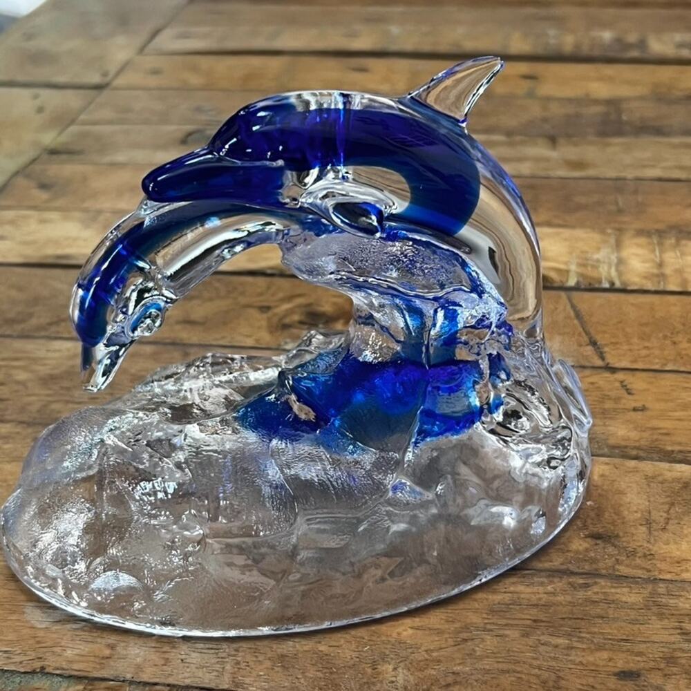 Cristal d'Arques Lead Crystal Clear Blue Mother & Baby Dolphins Jumping In Waves